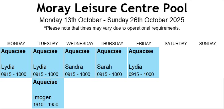 Pool Class Timetable 13th - 26th October Holidays