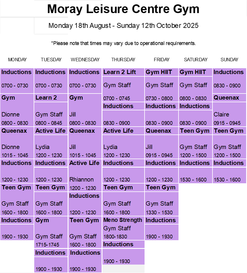 Image of gym timetable